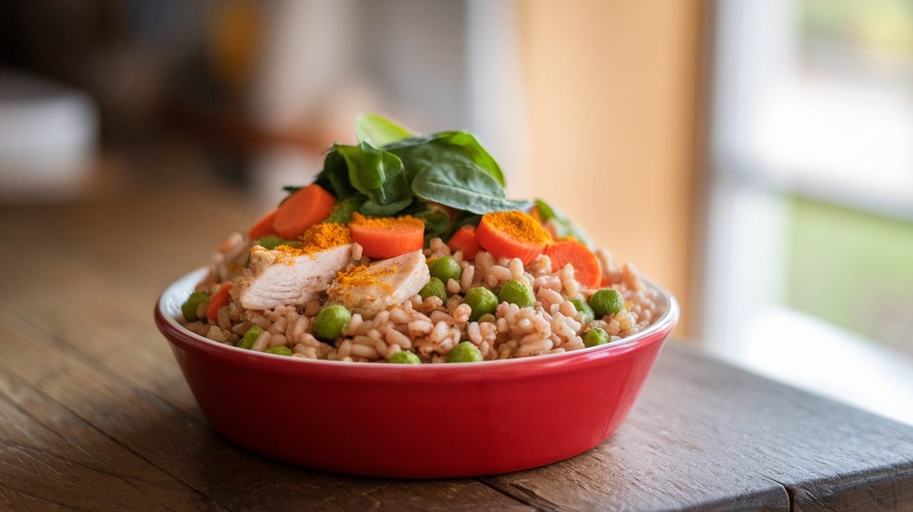 A nutritious chicken and rice meal for dogs with vegetables in a rustic bowl.