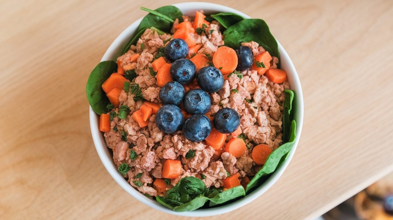 Nutritious homemade dog food for large breed dogs with turkey, carrots, spinach, and blueberries.