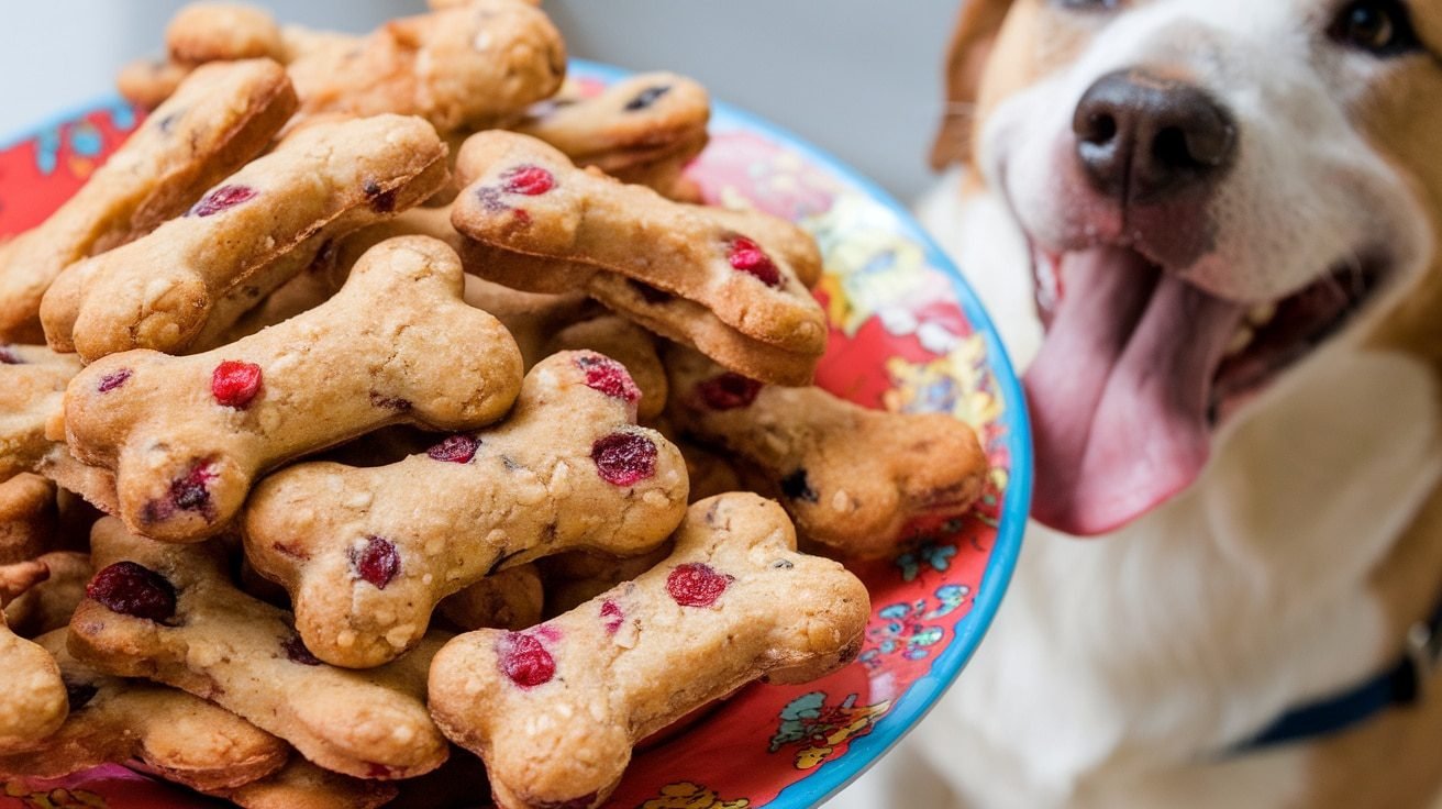 Freshly baked Cranberry and Oatmeal Dog Treats shaped like bones, with a dog eagerly waiting in the background.