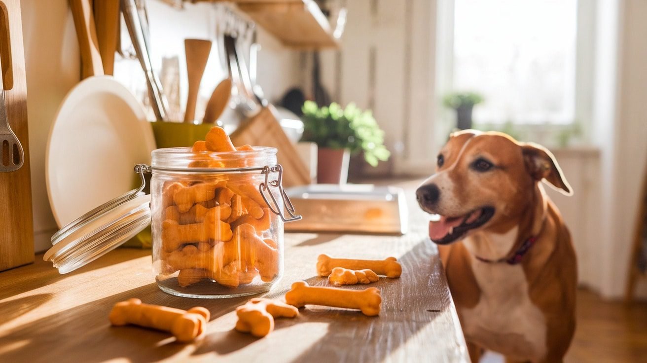 Homemade pumpkin and turmeric dog treats in a jar with a happy dog in the background.