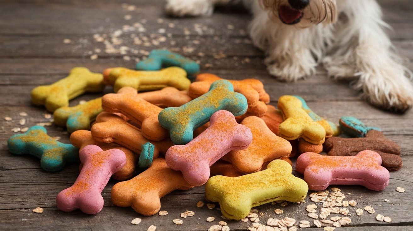 Homemade joint-friendly dog treats shaped like bones and hearts, made with turmeric on a wooden surface.