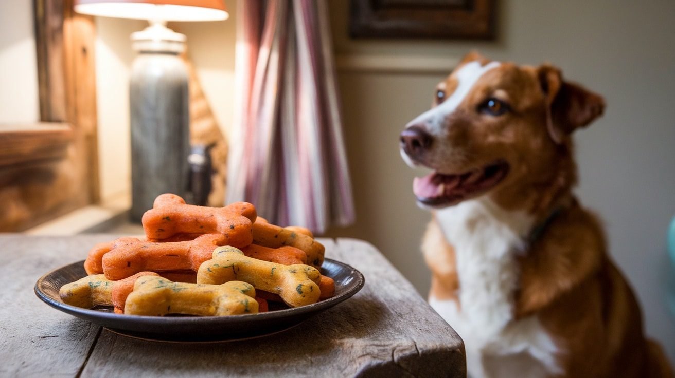 Homemade spinach and sweet potato dog treats shaped like bones on a wooden table, with a dog eagerly awaiting them.