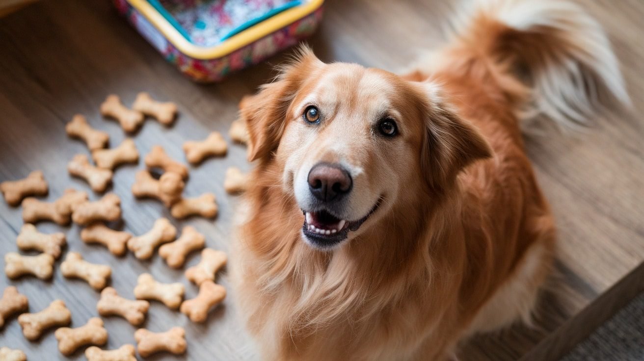 A happy dog surrounded by golden-brown salmon and coconut flour dog treats in various shapes.