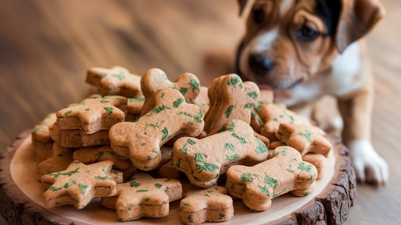 Homemade beef and parsley dog treats shaped like bones on a wooden platter with a puppy in the background.