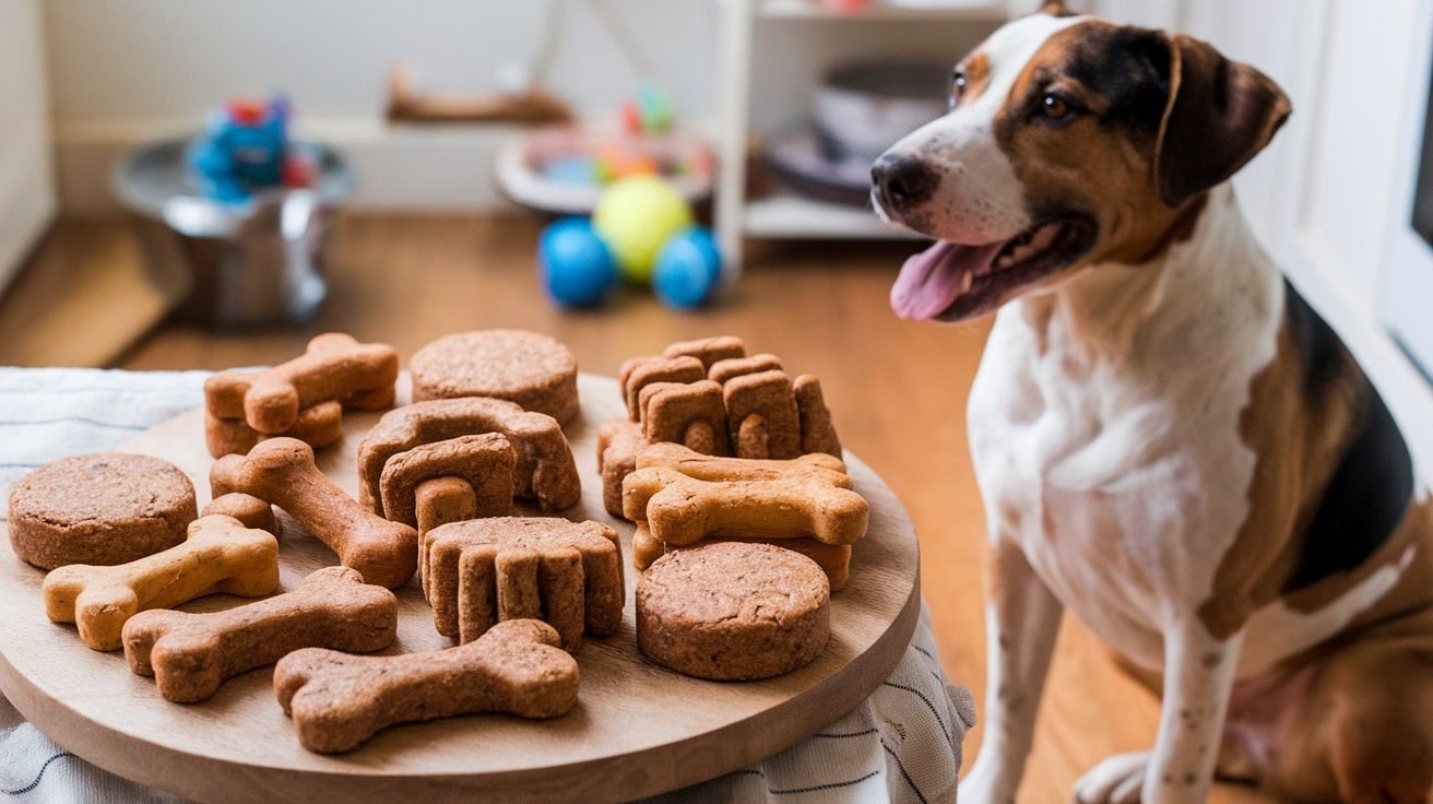 Homemade beef and barley dog treats in various shapes, with a happy dog in a cozy kitchen.