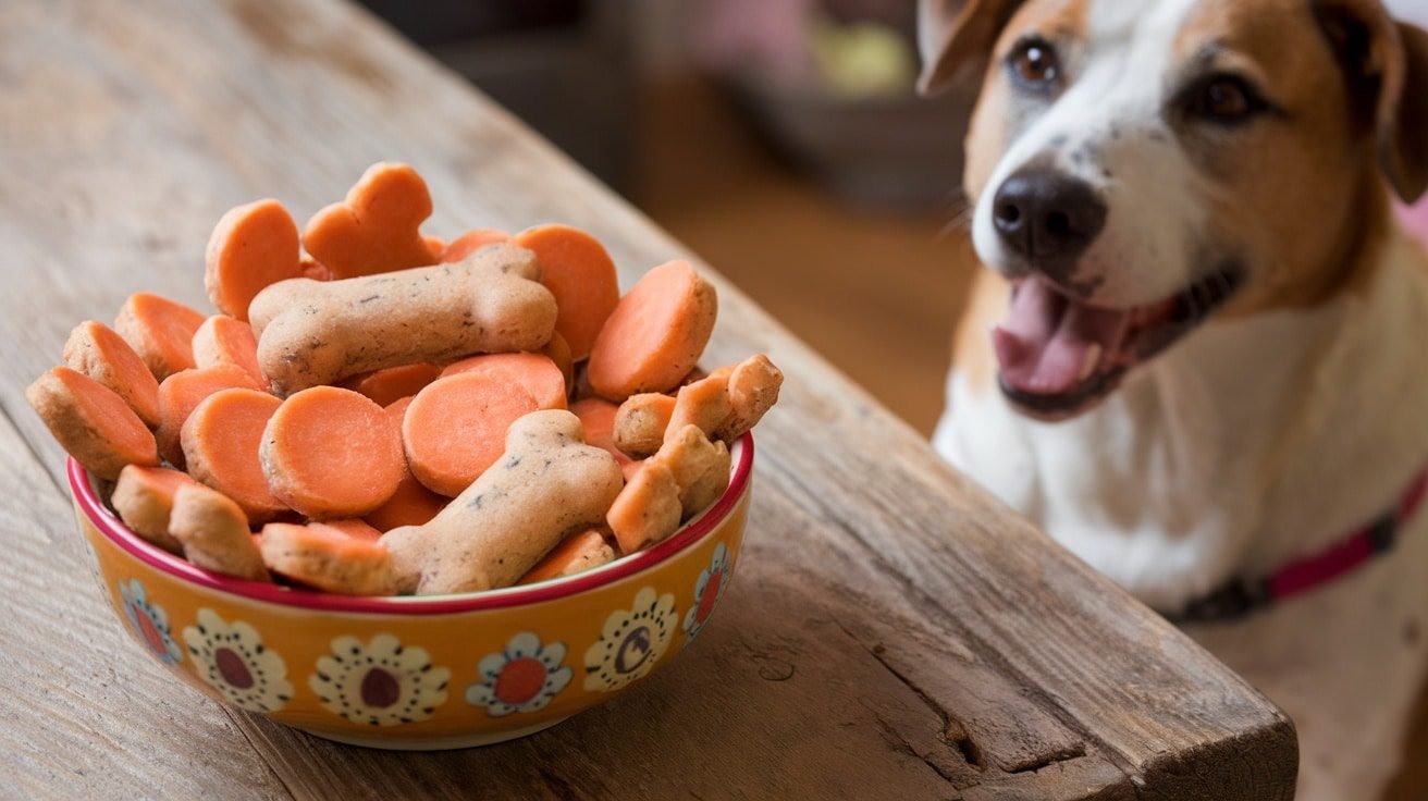 Bowl of salmon and carrot dog treats shaped like bones on a wooden table with a happy dog in the background.