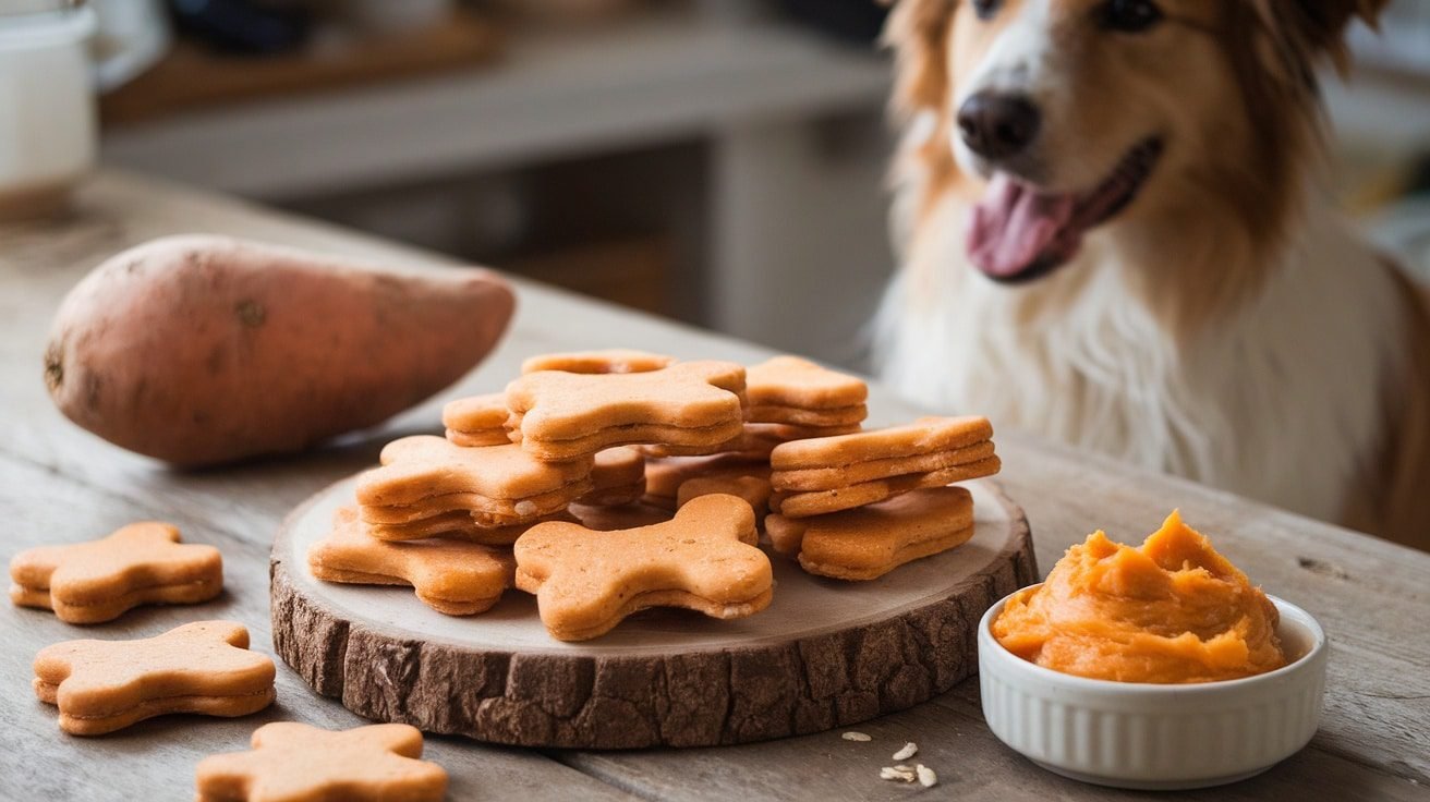 Homemade Sweet Potato and Oat Flour Dog Treats in bone shapes on a wooden table with a dog looking at them.
