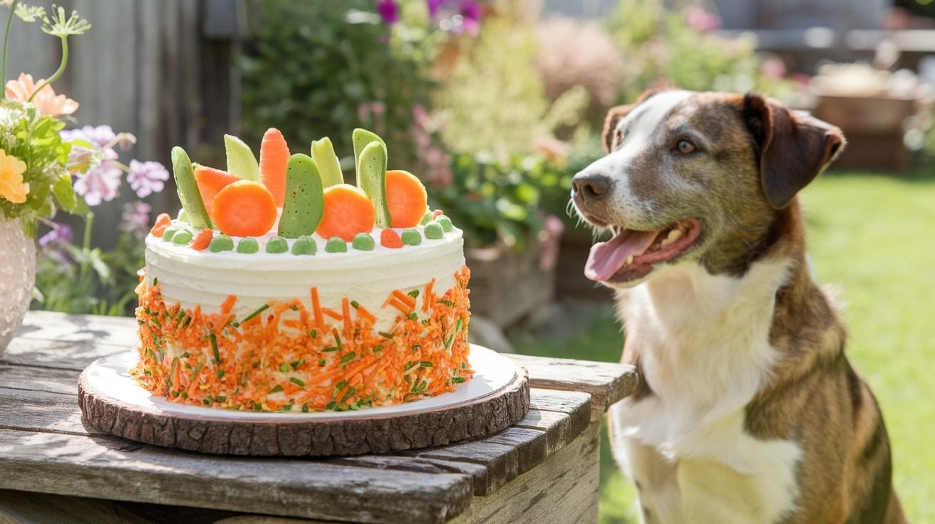 Delicious Veggie Medley Cake for Dogs Veggie Medley Cake for dogs, decorated with carrot slices and peas, on a wooden table with a happy dog in the background.