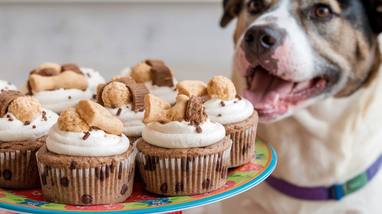 Delicious Carob Chip Pupcakes for Your Furry Friend A plate of carob chip pupcakes for dogs, topped with yogurt frosting and garnished with treats, with a dog in the background.