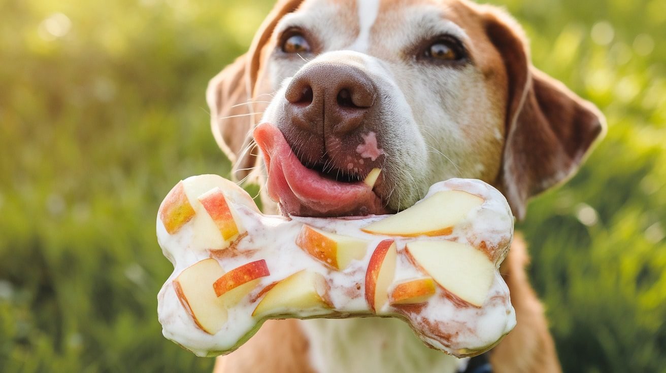 A happy dog enjoying an Apple and Yogurt Frozen Dog Treat in a sunny outdoor setting.