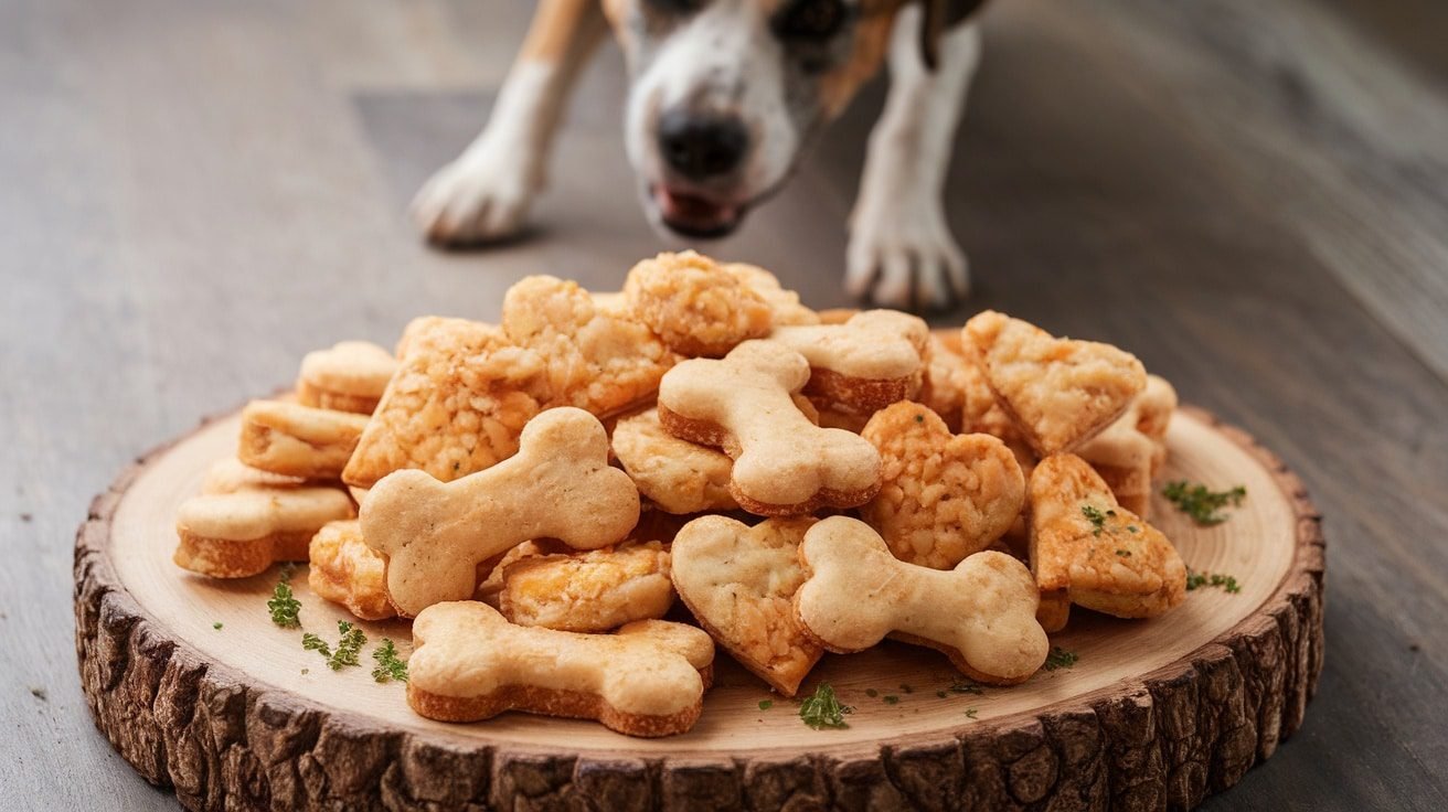 Homemade chicken and rice dog treats shaped like bones and hearts on a wooden platter, with a dog watching eagerly.