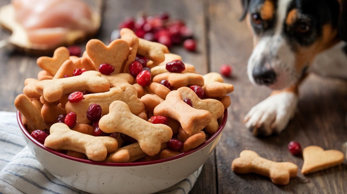 A bowl of homemade cranberry and chicken dog treats shaped like bones, with fresh cranberries and cooked chicken nearby.