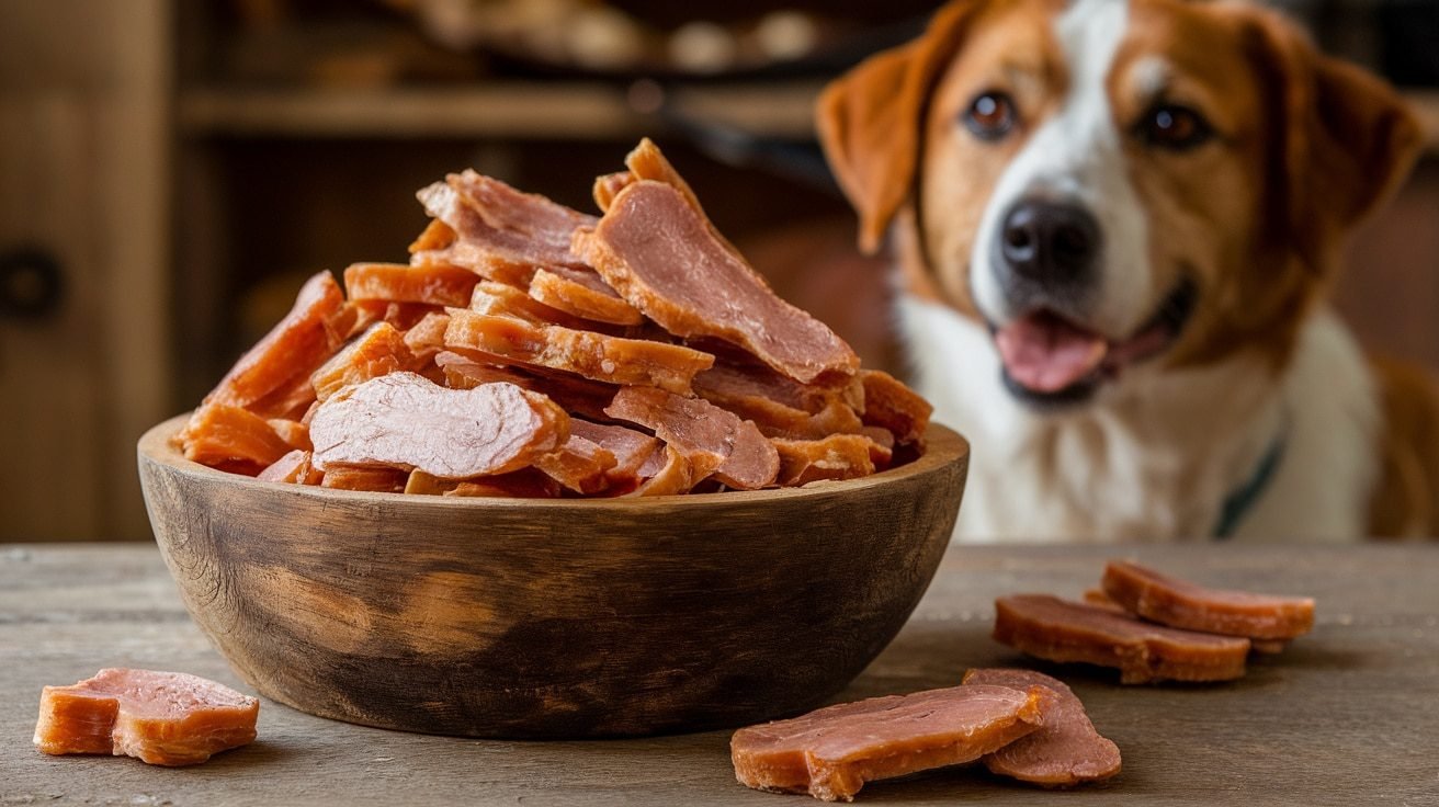Bowl of homemade turkey jerky dog treats with a happy dog in the background.