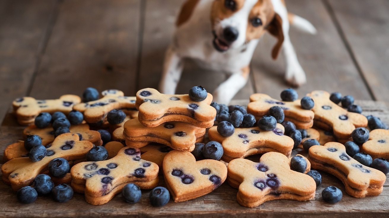Assorted blueberry and honey dog treats shaped like bones and hearts on a wooden surface, with a dog waiting for a treat in the background.
