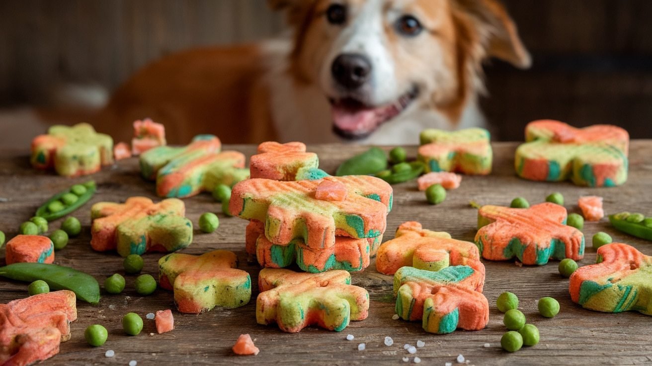 Homemade salmon and sweet pea dog treats arranged on a wooden table with fresh peas and salmon.