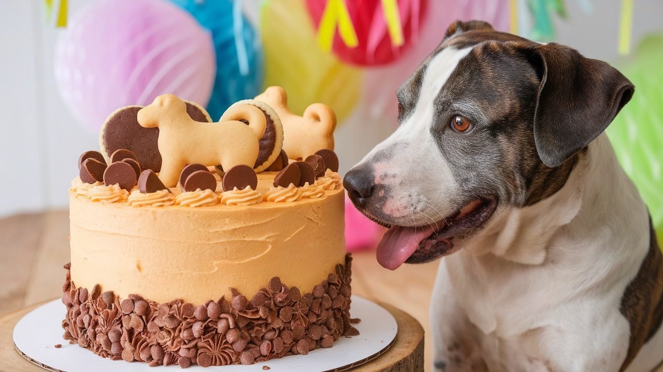 A pumpkin dog birthday cake decorated with carob chips and cookies, with a happy dog beside it.