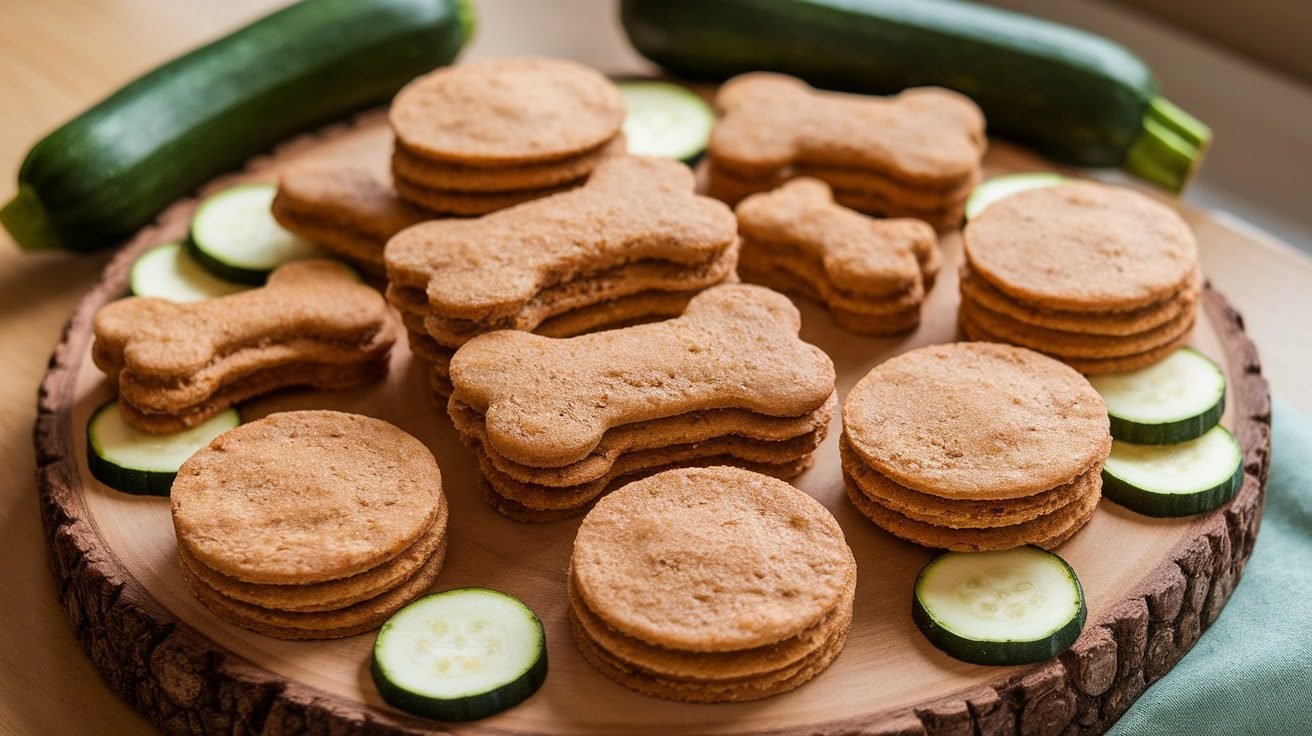 Homemade zucchini and peanut butter dog treats on a wooden platter, shaped like bones.