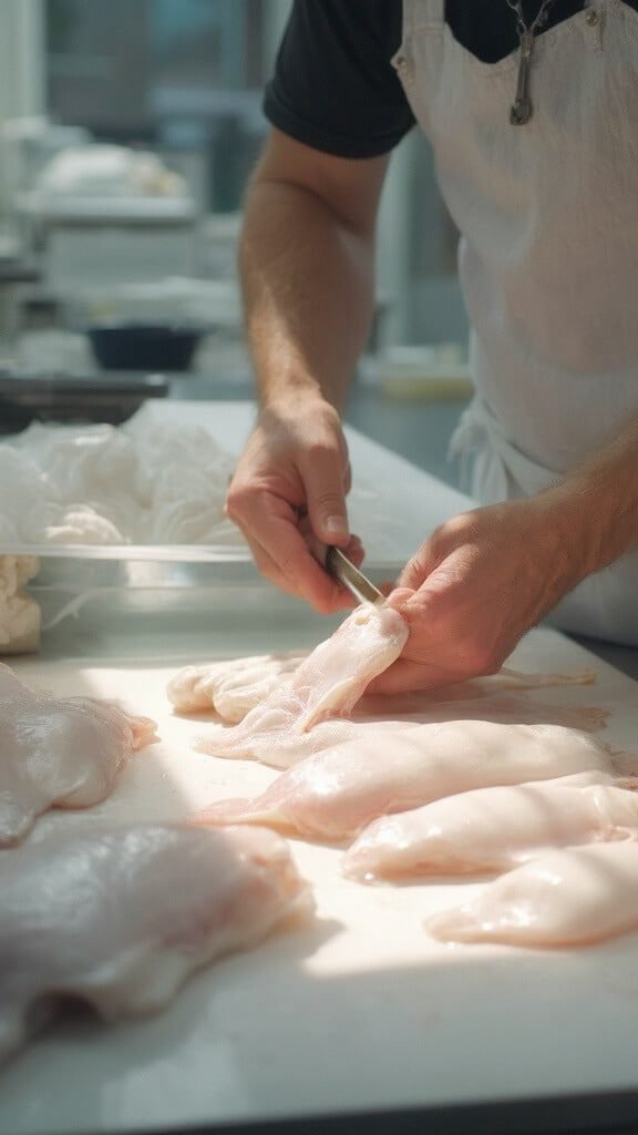 Chef in a clean kitchen checking white fish fillets for bones under natural light