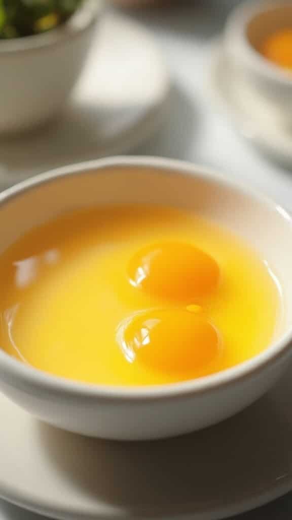 Artisanal golden egg yolks floating in a pristine white ceramic bowl under the morning sunlight streaming through the window