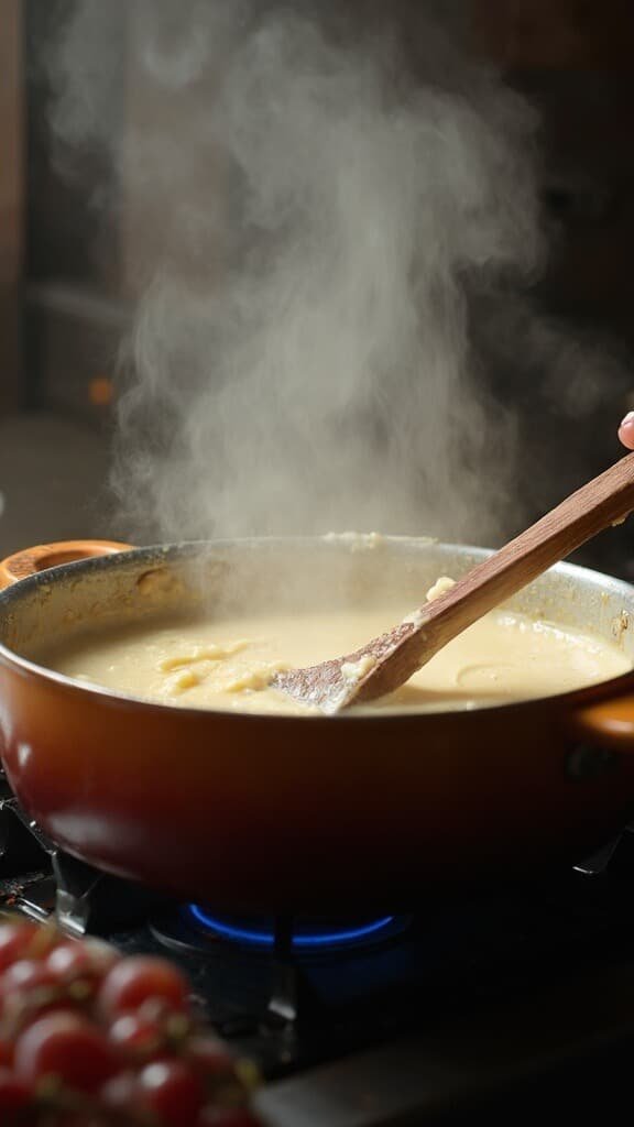 Steam rising from a saucepan with a creamy mixture being stirred by a wooden spoon in a professional kitchen under bright lighting