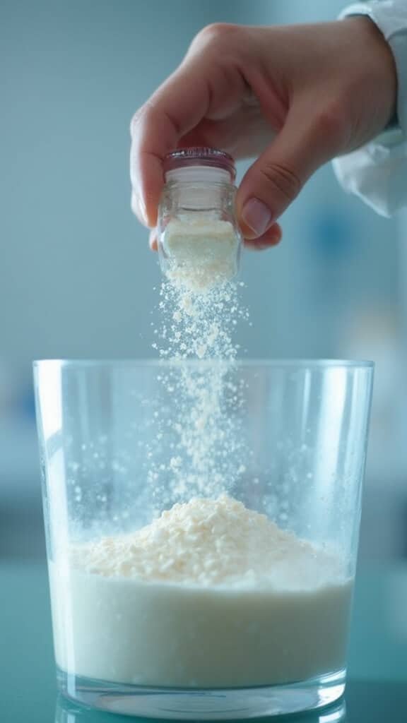 Measured powder supplements being sprinkled onto a cooled mixture in a clinical precision setup