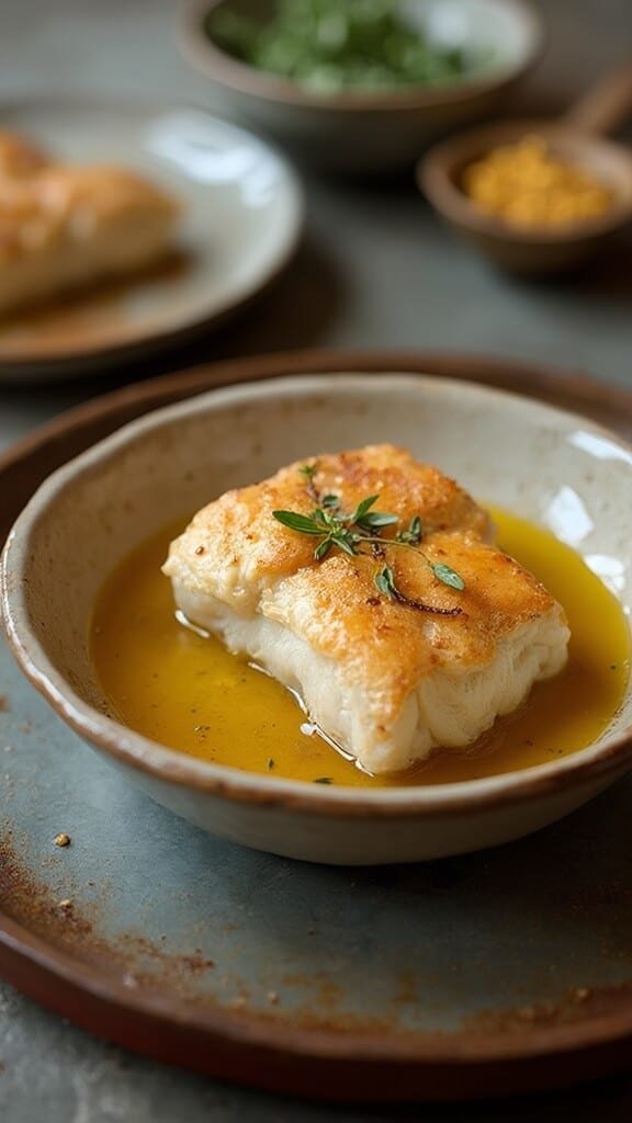 Portioned cat meal in a small ceramic dish featuring moist, flaky texture, and garnished with a drizzle of fish oil