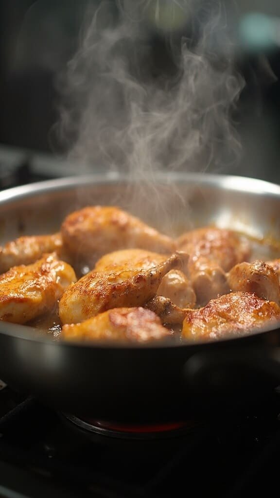 Sizzling golden brown chicken in a stainless steel skillet with steam rising in professional kitchen lighting