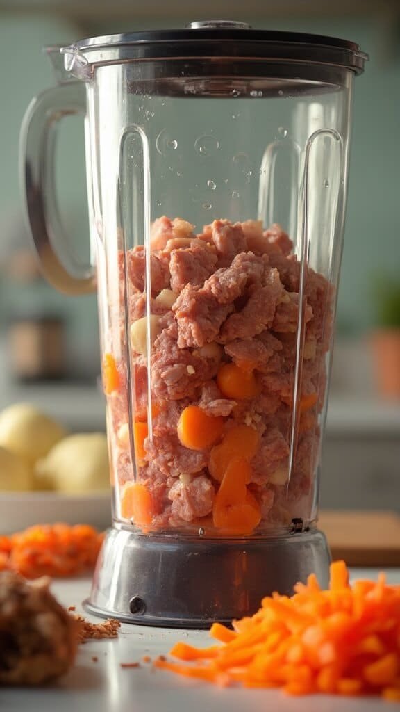 Food processor blending cooked meats and vibrant carrots in a bright kitchen setting
