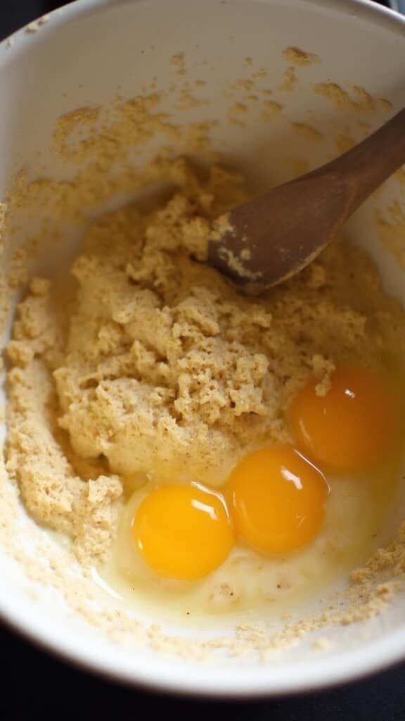 Rich protein mixture being combined with supplements and eggs in a mixing bowl under warm overhead lighting