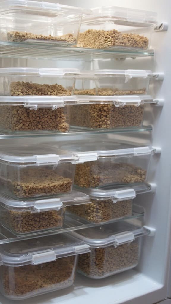 Neat rows of clear containers filled with prepared cat food in a refrigerator