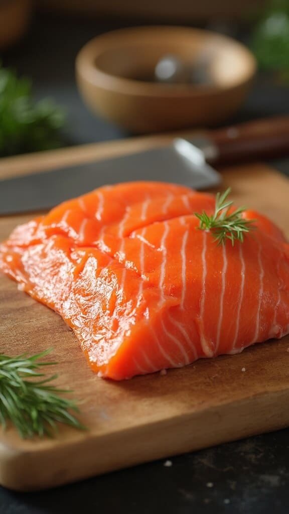Fresh salmon chunks on a wooden cutting board with a gleaming knife, in a brightly lit kitchen with professional measuring tools arranged neatly