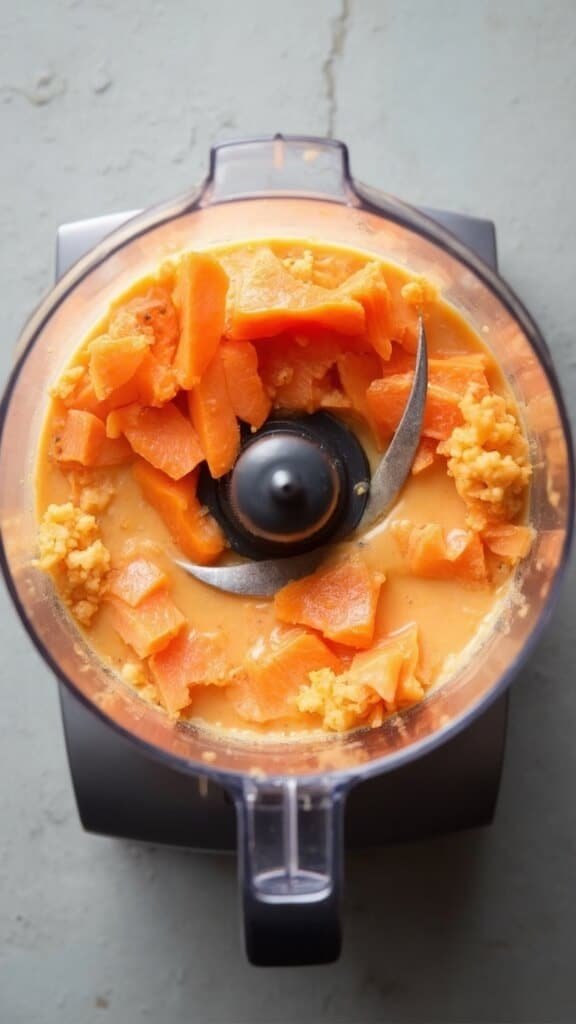 Overhead view of orange pumpkin and flaked salmon blending together in a glass food processor.
