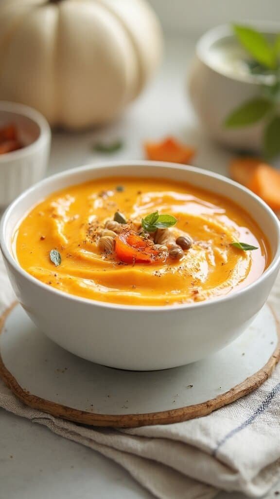 Cooling mixture of smooth salmon pumpkin blend in a white ceramic bowl with probiotics and supplements arranged nearby in soft afternoon light