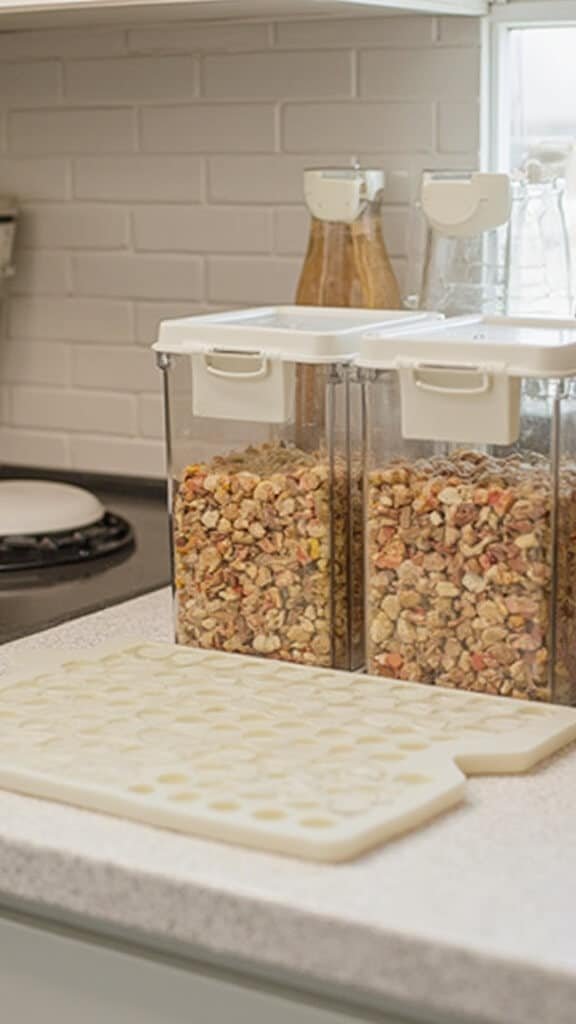 Silicone molds filled with peach-colored cat food at a organized prep station, lined up clear storage containers in the background