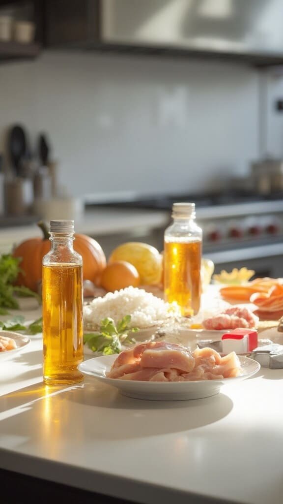 Professional kitchen countertop with fresh ingredients and supplements bathed in natural light