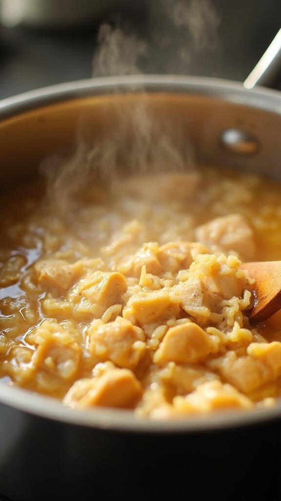 Steamy, simmering saucepan with rice and chicken in broth, wooden spoon resting nearby in warm lighting