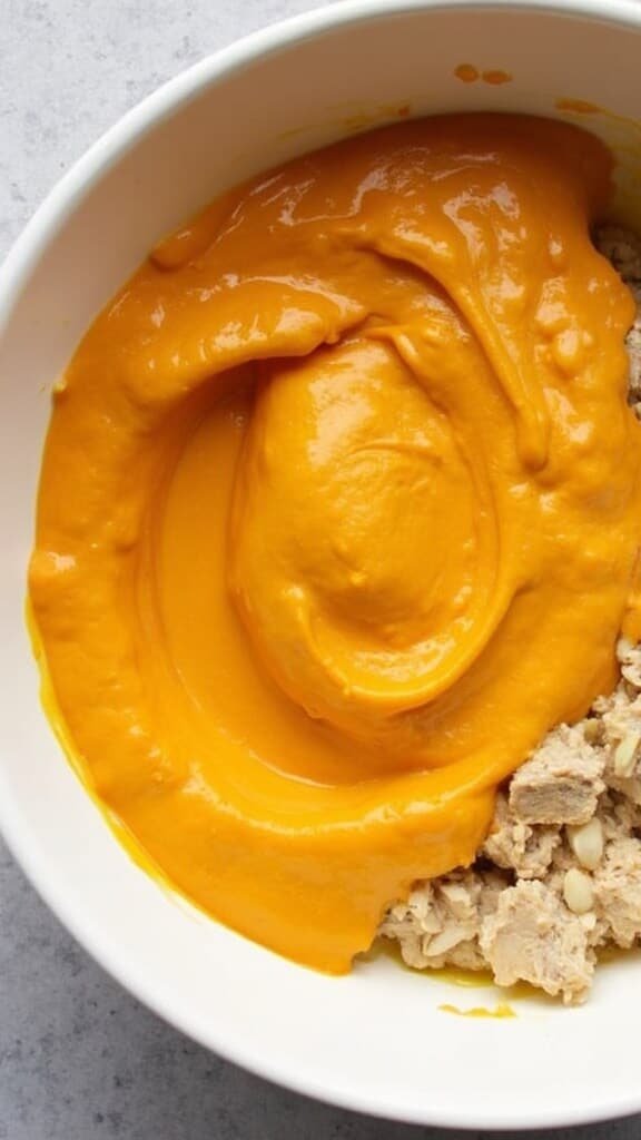 Overhead view of pumpkin puree being mixed into chicken-rice mixture in a ceramic bowl, highlighted by drizzled olive oil.