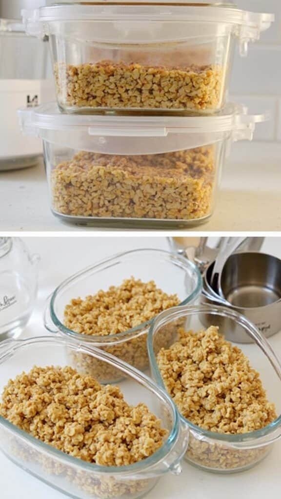 Cat food portioned into clear glass containers with visible labels, stainless steel measuring cups nearby under soft kitchen lighting
