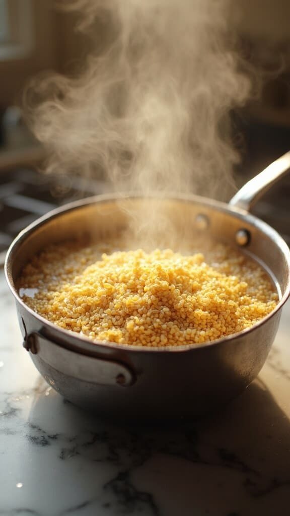 Steaming saucepan of fluffy quinoa cooking on a marble countertop under warm kitchen lighting