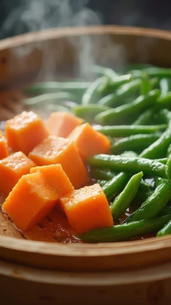 Steam rising from sweet potato chunks and green beans in a bamboo steamer basket
