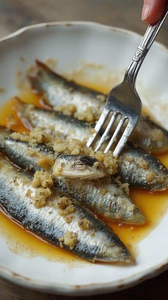 Close-up of sardines being mashed in a ceramic bowl