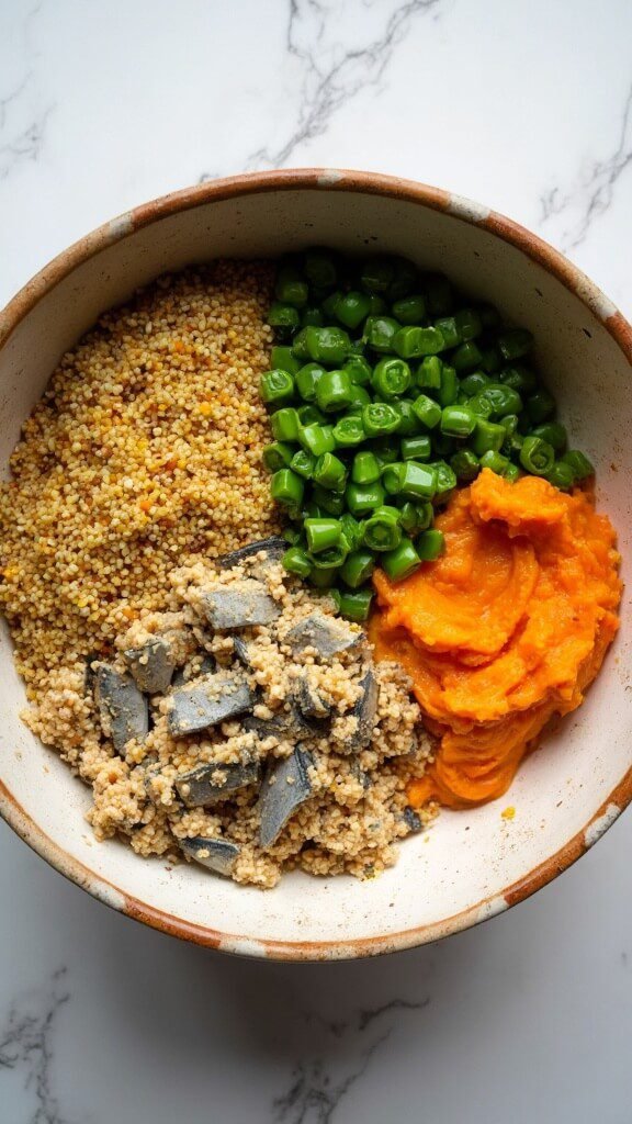Overhead view of a colorful mix of ingredients including golden quinoa, orange sweet potato puree, green beans, and mashed sardines in a large mixing bowl