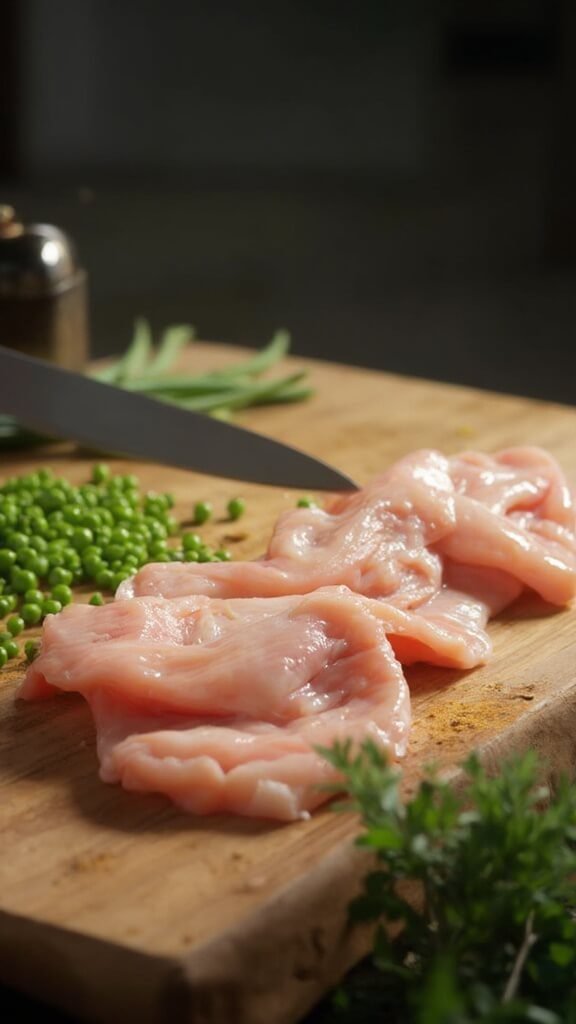 Fresh chicken liver and green beans on a wooden cutting board in a bright kitchen, with a professional knife nearby