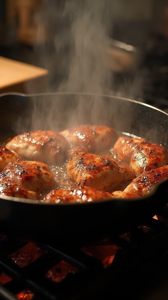 Sizzling chicken liver in a black cast iron skillet with steam rising, under warm kitchen lighting, turning a golden brown color