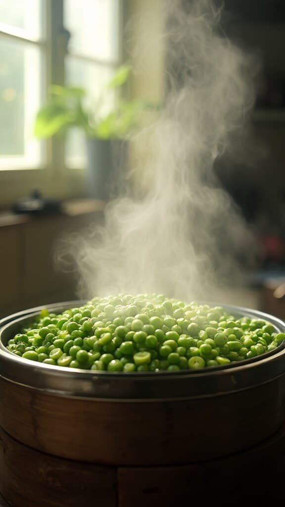 Steaming vibrant green beans in a steel steamer basket with wisps of steam rising, illuminated by soft natural light from a kitchen window