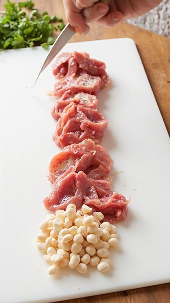 Sequence of images showing the fine chopping process of liver and beans on a clean white cutting board in a professional kitchen setup