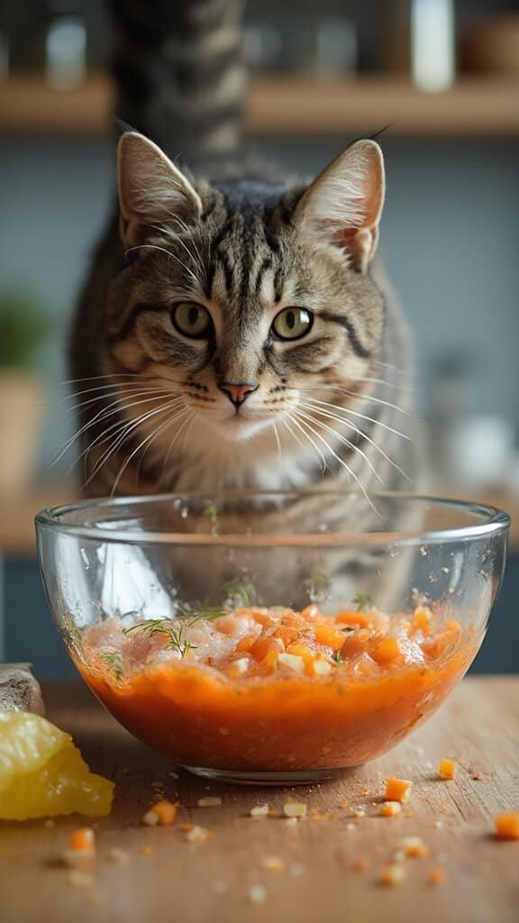 Cat meal prepared in a glass mixing bowl, showcasing layers of ingredients with fish oil drizzle, in a clean modern kitchen