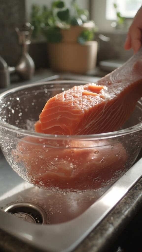 Fresh pink salmon being drained in a mixing bowl under natural light in a kitchen with a stainless steel sink