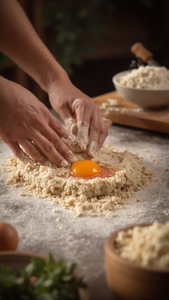 Hands mixing salmon, oat flour, and egg on a rustic wooden counter under the warm kitchen lighting