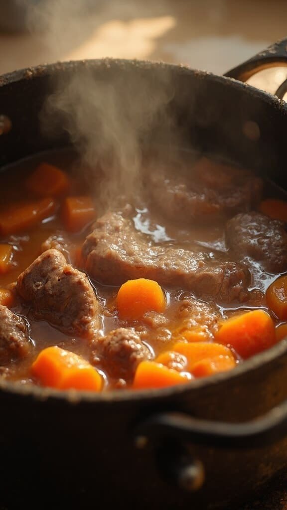 Overhead view of simmering beef and carrot stew in pot with rising steam in afternoon light